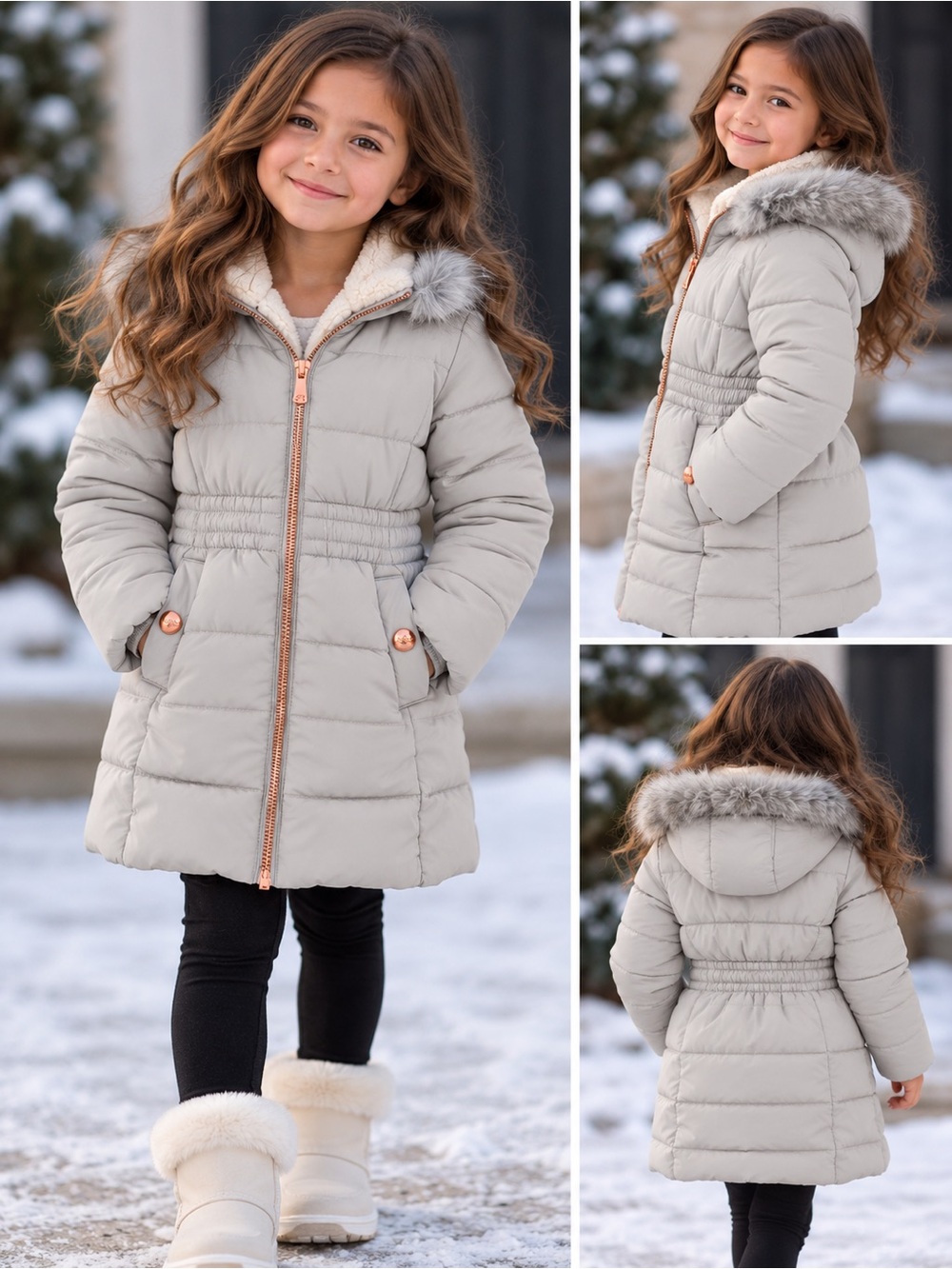 Kensie Girl Light Gray Hooded Puffer Coat with Faux Fur Trim